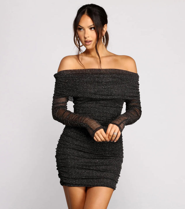 Keep it classic with the Shimmer Nights Off the Shoulder Glitter Mini Dress, a feed-worthy pick from Windsor's black homecoming dress collection made to stop their scroll from pictures to the dance floor.
