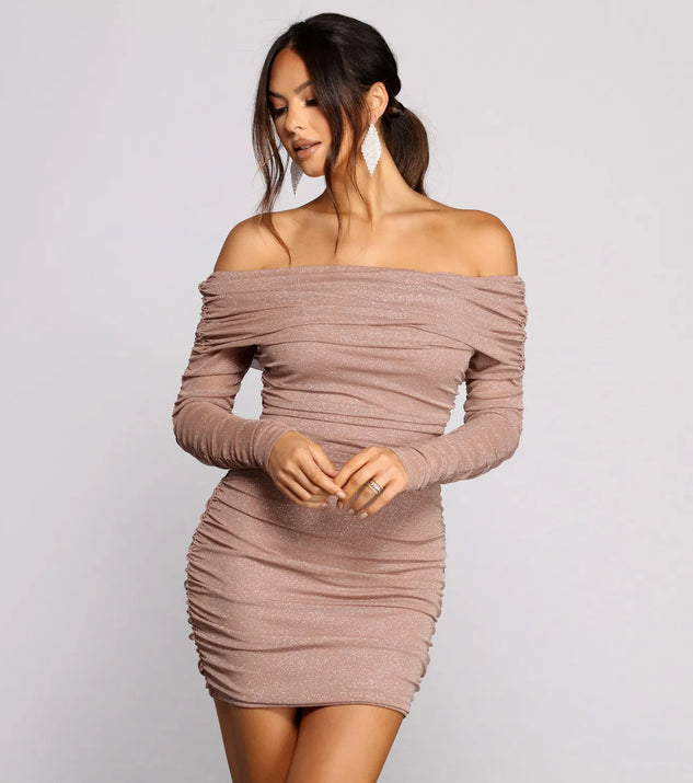 Shimmer Nights Off the Shoulder Glitter Mini Dress | Windsor Shimmer Nights Off the Shoulder Glitter Mini Dress | Windsor