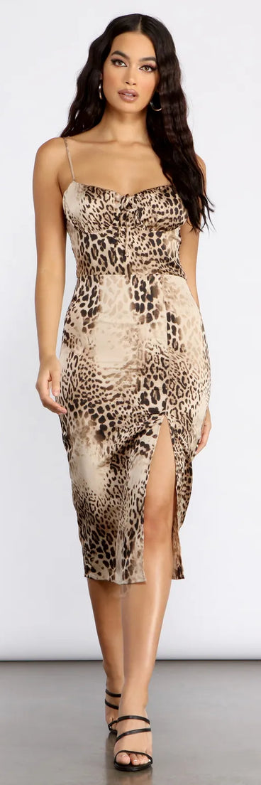 Leader In Leopard Print Satin Midi Dress