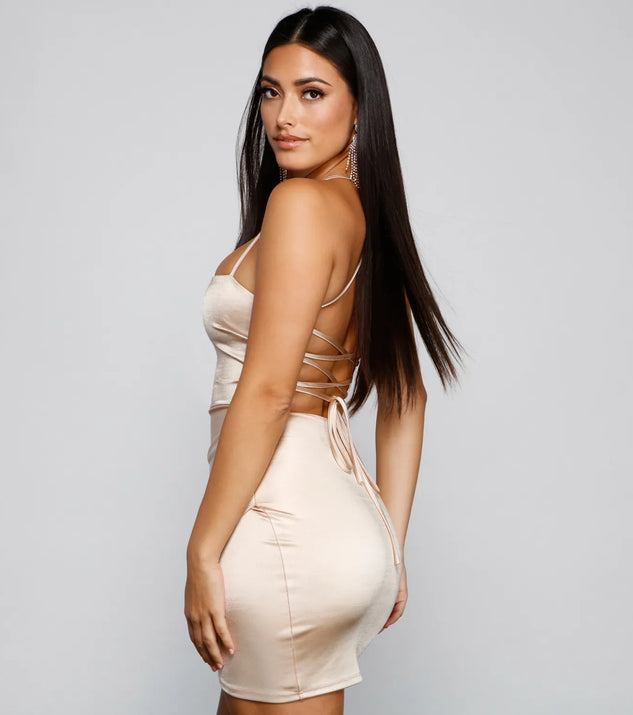 Sultry Strappy Back Satin Mini Dress