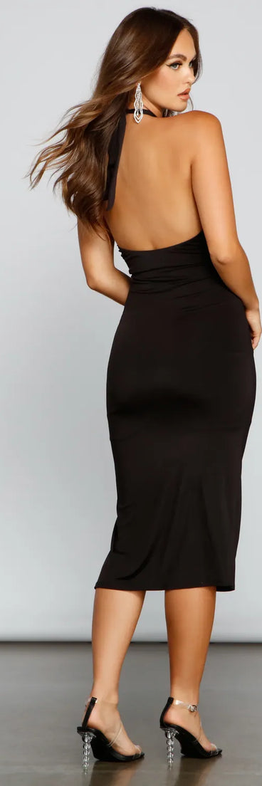 Taking The Plunge Ruched Halter Dress