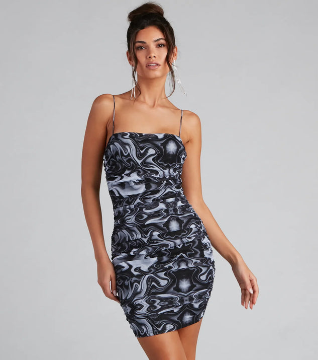 Heart Swirls Mesh Ruched Mini Dress