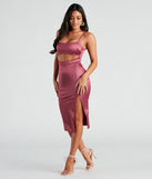 Make a bold statement in the All Eyes On You Satin Midi Dress in mauve, the perfect fall dress for weddings, cocktail hours, nights out, and/or seasonal celebrations.