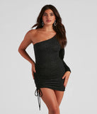 Evening Of Sparkle Balloon Sleeve Ruche Mini Dress in black, a stunning bodycon dress with a flattering fit and feminine details, perfect for date night or girls' night out.