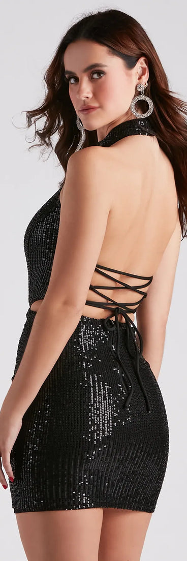 Just A Peak Sequin Halter Dress