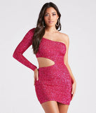 Turn heads in the beaming Sparkle Party Sequin One-Shoulder Mini Dress, a stunning pink sequin dress designed to add sparkle and elegance to your next night out or special occasion.