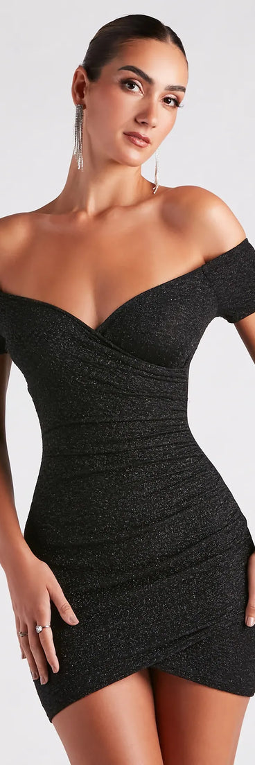 Keep it classic with the Radiant Glitter Off-The-Shoulder Dress, a feed-worthy pick from Windsor's black homecoming dress collection made to stop their scroll from pictures to the dance floor.