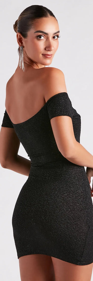 Flaunt your silhouette in the tight Radiant Glitter Off-The-Shoulder Dress in black, a bodycon dress that empowers your look with bold style and effortless edge.