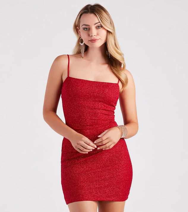 Flaunt your silhouette in the tight Key To Sparkle Glitter Mini Dress in red, a bodycon dress that empowers your look with bold style and effortless edge.