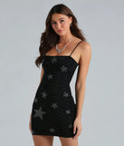 Step into winter chic with the Star Tonight Rhinestone Mesh Mini Dress, a black mini dress featuring an above-the-knee cut ideal for cocktail parties, festive gatherings, or clubwear.