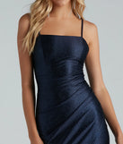 The Stunner Status Glitter Satin Mini Dress in navy blue brings sleek style to any graduation outfit, from cap and gown to after-party.