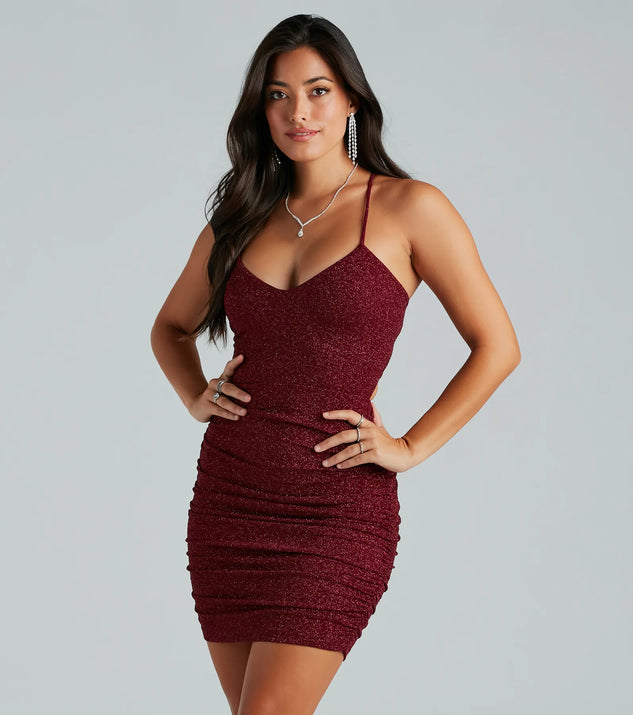 Steal the spotlight in the My Sparkle Glitter Lace-Up Mini Dress in wine, a fiery pick from the red homecoming dresses collection designed for bold entrances.
