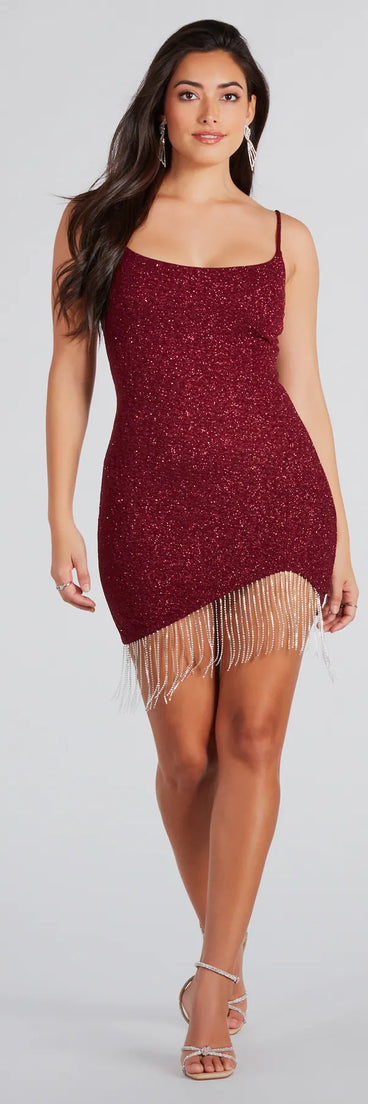 Make You Strut Glitter Rhinestone Fringe Mini Dress
