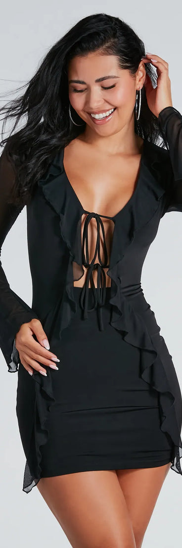 black ruffle mini dress long sleeve Norma Kamali Long Sleeve Deep V Ruffle Mini Dress