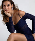 Step into summer looking effortlessly chic in the See Me Shining Glitter Off-The-Shoulder Mini Dress in navy blue, a must-have Windsor dress for your warm-weather wardrobe.