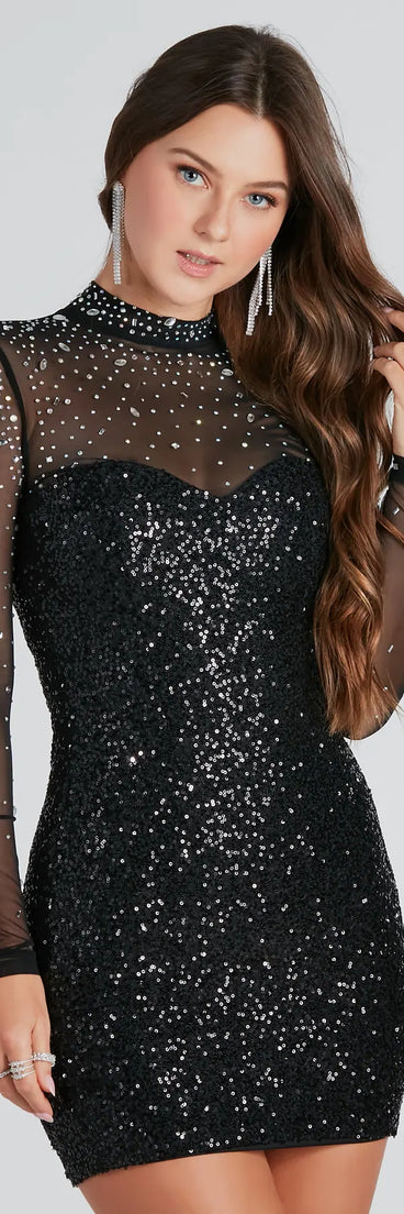 Perfection And Beauty Rhinestone Mock Neck Mini Dress