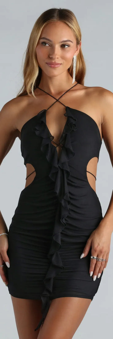 Step into winter chic with the Nights Out Mesh Ruffle Cutout Mini Dress, a black mini dress featuring an above-the-knee cut ideal for cocktail parties, festive gatherings, or clubwear.