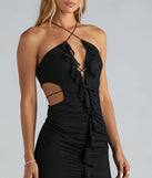 Turn heads with the Nights Out Mesh Ruffle Cutout Mini Dress, a black New Year's Eve dress featuring a festive style and glamorous accents, ideal for any NYE celebration or cocktail party.