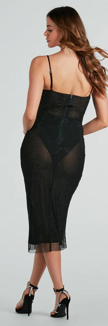 Caught In The Drama Rhinestone Fishnet Midi Dress in black, a stunning Valentine's Day dress with a flattering fit and romantic details, perfect for date night or Galentine’s celebrations.