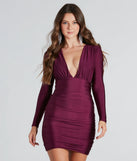 Step into winter chic with the Own It Long Sleeve Ruched Bodycon Mini Dress, a plum mini dress featuring an above-the-knee cut ideal for cocktail parties, festive gatherings, or clubwear.