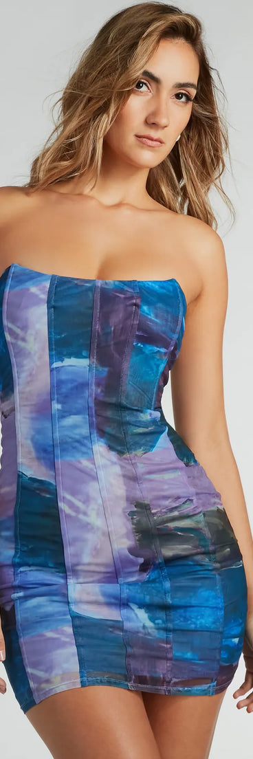 Most Alluring Strapless Corset Abstract Mini Dress