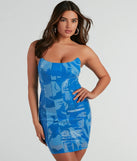 Turn heads in the beaming It-Girl Vibes Sequin Abstract Print Corset Mini Dress, a stunning blue sequin dress designed to add sparkle and elegance to your next night out or special occasion.