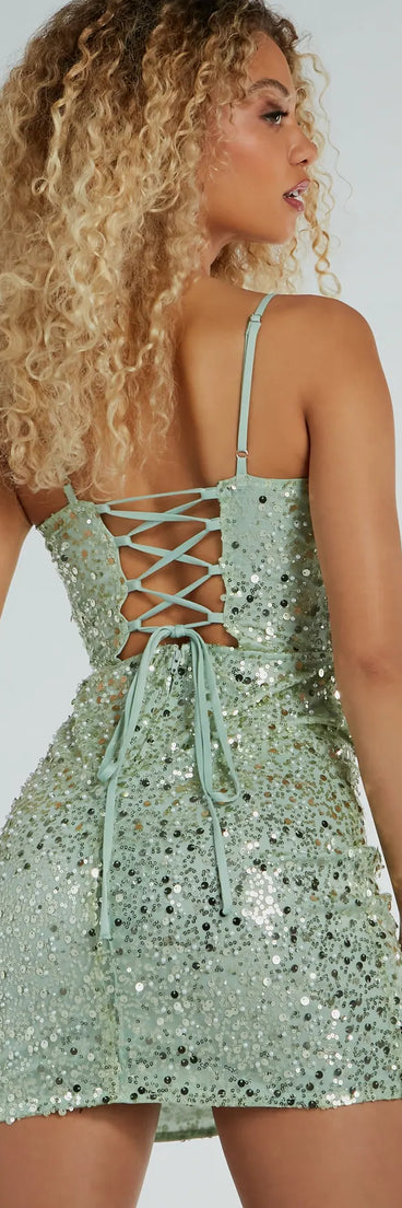 Stand out in a crowd with the All My Beauty Sequin Beaded Lace-Up Mini Dress, a glamorous sage sequin dress that sparkles effortlessly as an NYE party gown, wedding guest dress, or must-have evening wear for formal events like military balls and winter formals.