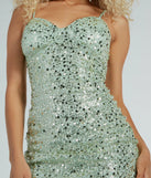 Shine bright in the All My Beauty Sequin Beaded Lace-Up Mini Dress, a glamorous sage sequin dress that captures the light beautifully, ideal for an NYE party dress, wedding guest dress, or military ball gown.