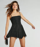 Sparkling Perfection Rhinestone A-Line Mini Dress, a trendy black mini dress featuring modern details and a fresh seasonal hue, perfect for creating chic 2025 looks.