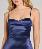 Step into winter chic with the Gorgeous Endeavor Satin Cowl Neck Mini Dress, a navy mini dress featuring an above-the-knee cut ideal for cocktail parties, festive gatherings, or clubwear.