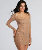 Own every entrance in the Dazzling Glam Long Sleeve Rhinestone Mesh Mini Dress, a nude party dress perfect for milestone birthdays and grad parties, or dancing through summer nights and unforgettable bachelorette celebrations.