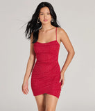 Steal the spotlight in the Glitzy Moves Wrap-Front Glitter Knit Mini Dress in red, a fiery pick from the red homecoming dresses collection designed for bold entrances.
