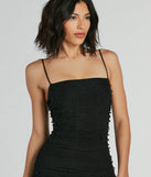 Revamp your 2025 wardrobe with this chic addition, the Extra Chic Pearl Ruched Mesh Mini Dress in black, perfect for elevating your style in the new year.