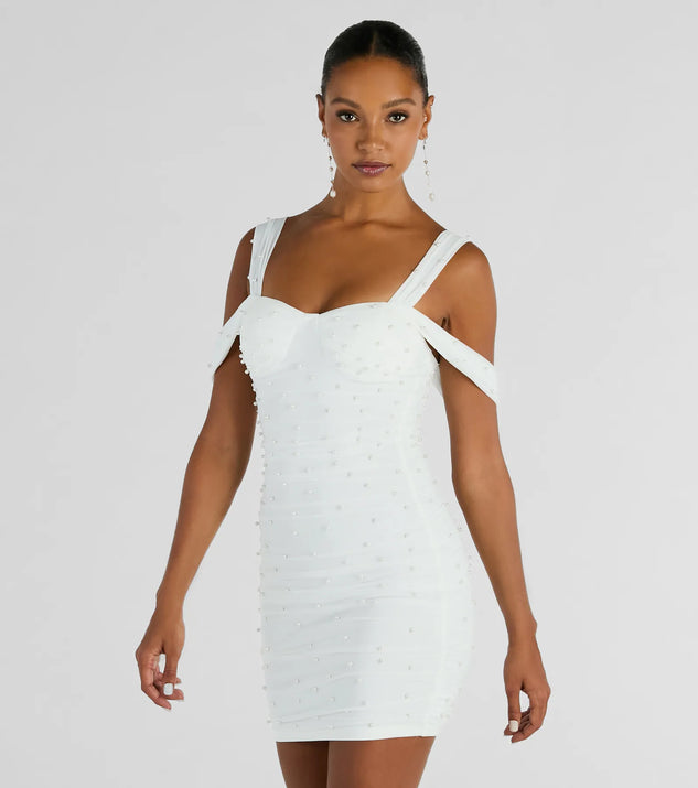 Shine with confidence, elegance, and standout style in the Breathtaking Impression Faux Pearl Bodycon Mini Dress—a white graduation dress designed with a fresh silhouette and the latest trends.