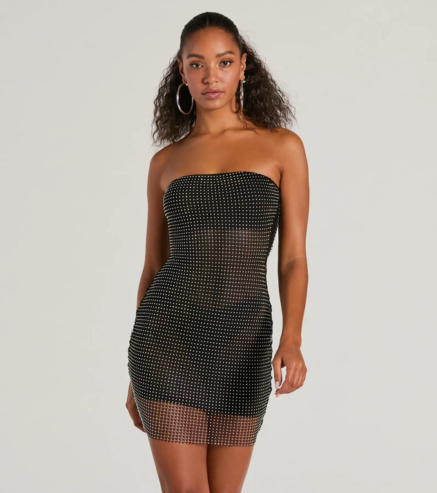 Dancing Babe Strapless Rhinestone Fishnet Mini Dress | Windsor Dancing Babe Strapless Rhinestone Fishnet Mini Dress | Windsor