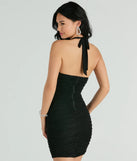 Flaunt your silhouette in the tight Boldly Chic Halter Plunge Rhinestone Mesh Mini Dress in black, a bodycon dress that empowers your look with bold style and effortless edge.