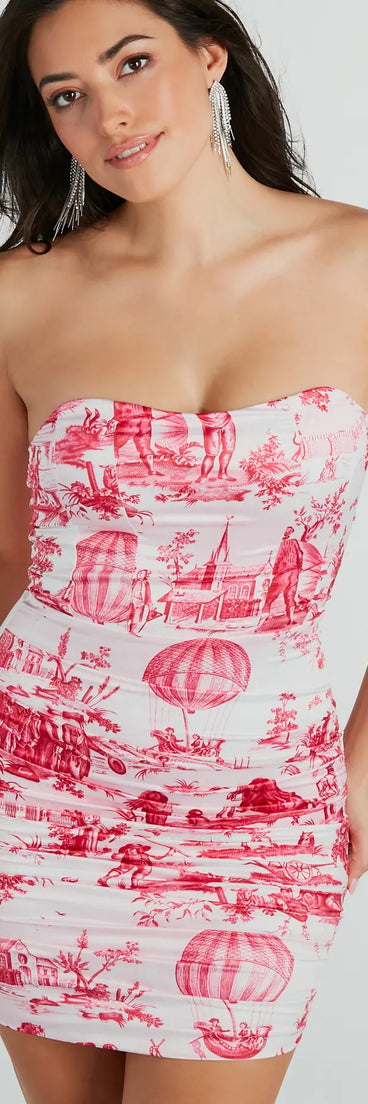 Cause A Scene Strapless Print Satin Mini Dress