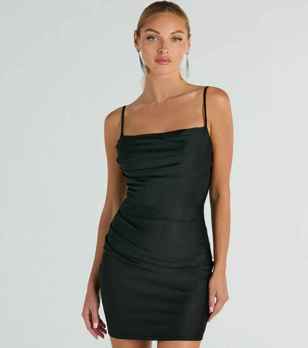 The Flawless Allure Cowl Neck Bodycon Mini Dress is a mini dress that will make a statement with its short hemline and on-trend details to have you ready for any event!