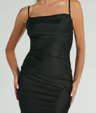 Step into seasonal chic with the Flawless Allure Cowl Neck Bodycon Mini Dress, a black mini dress featuring an above-the-knee cut ideal for cocktail parties, festive gatherings, or clubwear.