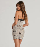 Revamp your 2025 wardrobe with this chic addition, the Read All About It Newspaper Bodycon Mini Dress in natural, perfect for elevating your style in the new year.