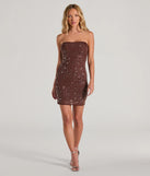 Turn heads with the Dazzle Babe Rhinestone Strapless Bodycon Mini Dress, a brown New Year's Eve dress featuring a festive style and glamorous accents, ideal for any NYE celebration or cocktail party.