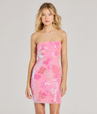 Turn heads in the beaming Sparkling Cutie Strapless Bodycon Sequin Mini Dress, a stunning pink sequin dress designed to add sparkle and elegance to your next night out or special occasion.
