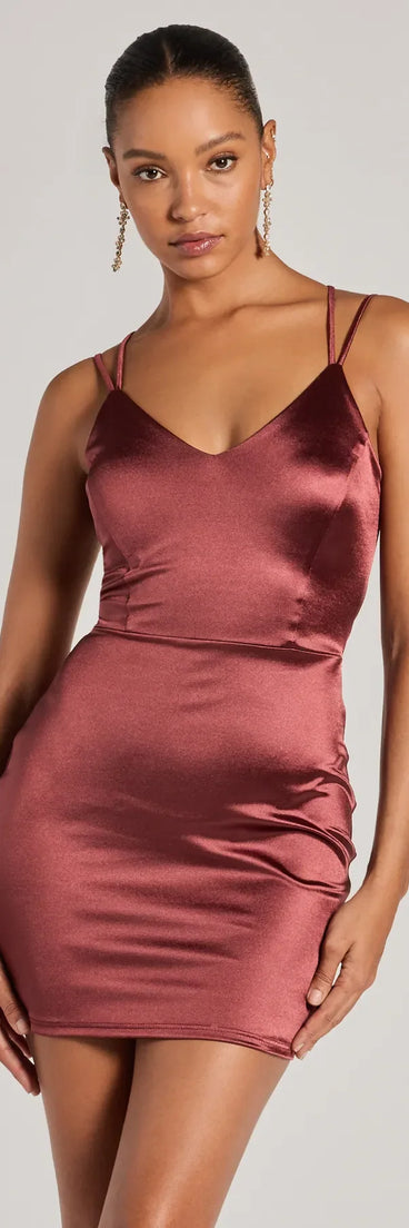 Add royal flair with the Simply A Stunner Lace-Up Bodycon Satin Mini Dress in raisin, a viral-worthy pick from the purple homecoming dress collection made to light up your HOCO feed.
