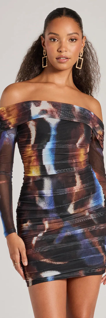 Step into winter chic with the Always On Trend Off-The-Shoulder Abstract Mini Dress, a brown mini dress featuring an above-the-knee cut ideal for cocktail parties, festive gatherings, or clubwear.