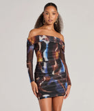 Step into winter chic with the Always On Trend Off-The-Shoulder Abstract Mini Dress, a brown mini dress featuring an above-the-knee cut ideal for cocktail parties, festive gatherings, or clubwear.