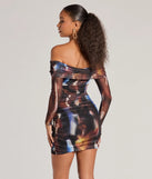 The Always On Trend Off-The-Shoulder Abstract Mini Dress is a mini dress in brown, perfect for an above-the-knee holiday party dress or a stylish NYE look, with a short hemline designed to make a winter statement.