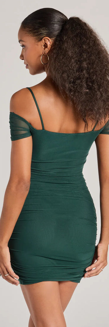 Flaunt your silhouette in the tight Elegant Existence Cold Shoulder Mesh Mini Dress in hunter green, a bodycon dress that empowers your look with bold style and effortless edge.