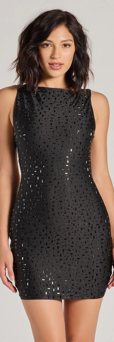Flaunt your silhouette in the tight Dazzling Darling Open Back Rhinestone Mini Dress in black, a bodycon dress that empowers your look with bold style and effortless edge.