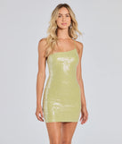 Make a bold statement in the Luxe Pose One-Shoulder Cutout Sequin Mini Dress in lime green, the perfect green dress for weddings, cocktail hours, nights out, and/or seasonal celebrations.