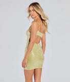 Flaunt your silhouette in the tight Luxe Pose One-Shoulder Cutout Sequin Mini Dress in lime green, a bodycon dress that empowers your look with bold style and effortless edge.